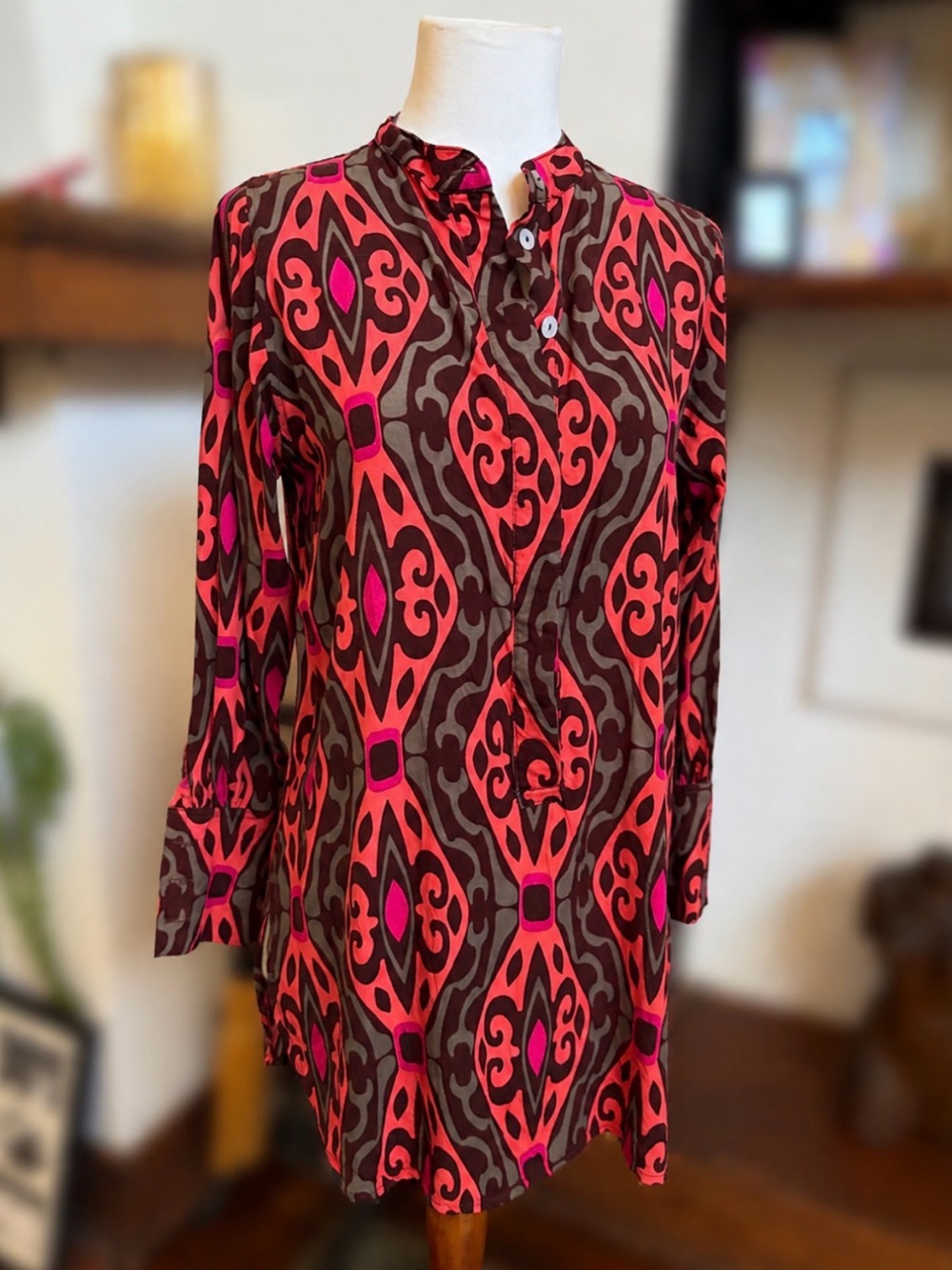 Escapada Geometric Print Tunic Blouse Coral Pink Boho Resortwear | Generous XS